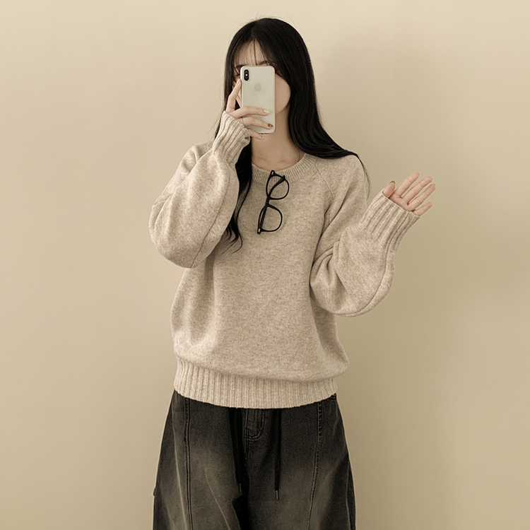 부드러운 폭닥함 여리여리 아방핏 라운드넥 래글런 오버핏 나그랑 오버핏 긴팔니트 빅사이즈 베이지