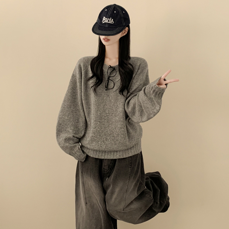 부드러운 폭닥함 여리여리 아방핏 라운드넥 래글런 오버핏 나그랑 오버핏 긴팔니트 빅사이즈 그레이