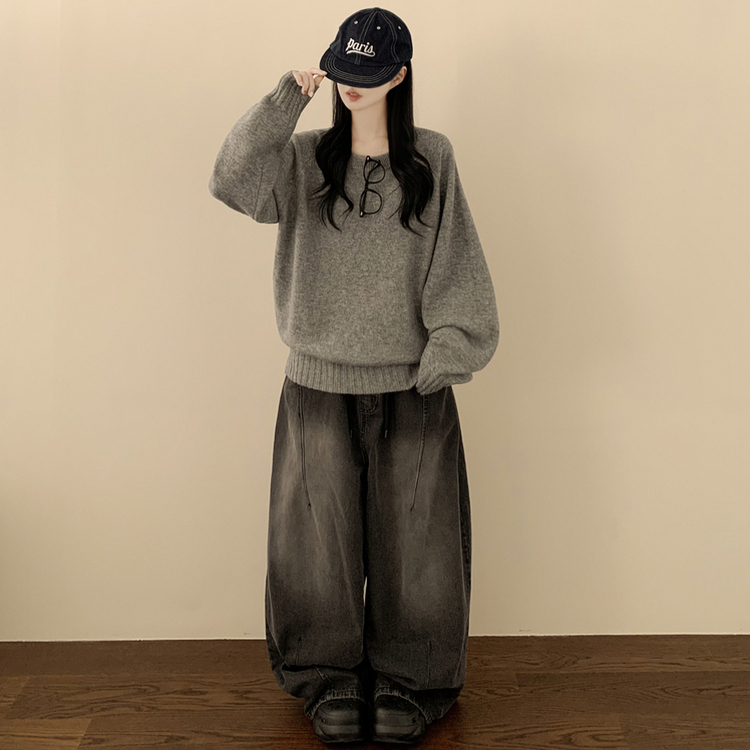 부드러운 폭닥함 여리여리 아방핏 라운드넥 래글런 오버핏 나그랑 오버핏 긴팔니트 빅사이즈 그레이