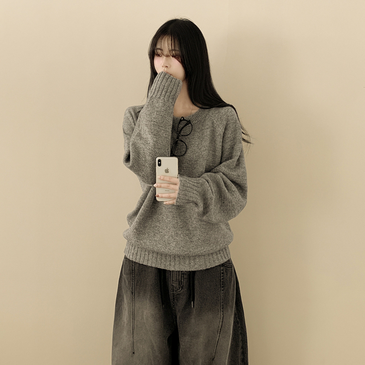 부드러운 폭닥함 여리여리 아방핏 라운드넥 래글런 오버핏 나그랑 오버핏 긴팔니트 빅사이즈 그레이