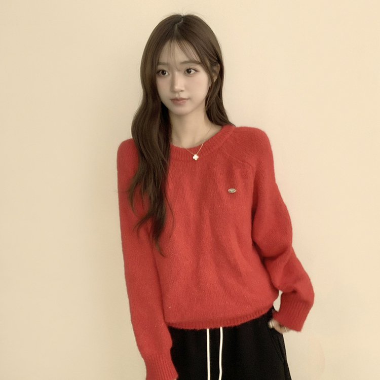 여리함 보장하는 글로리 나그랑 겨울 라운드 와펜 긴팔 니트 레드