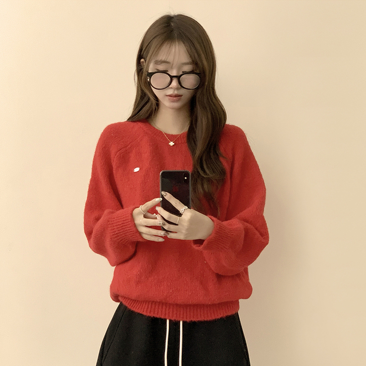 여리함 보장하는 글로리 나그랑 겨울 라운드 와펜 긴팔 니트 레드