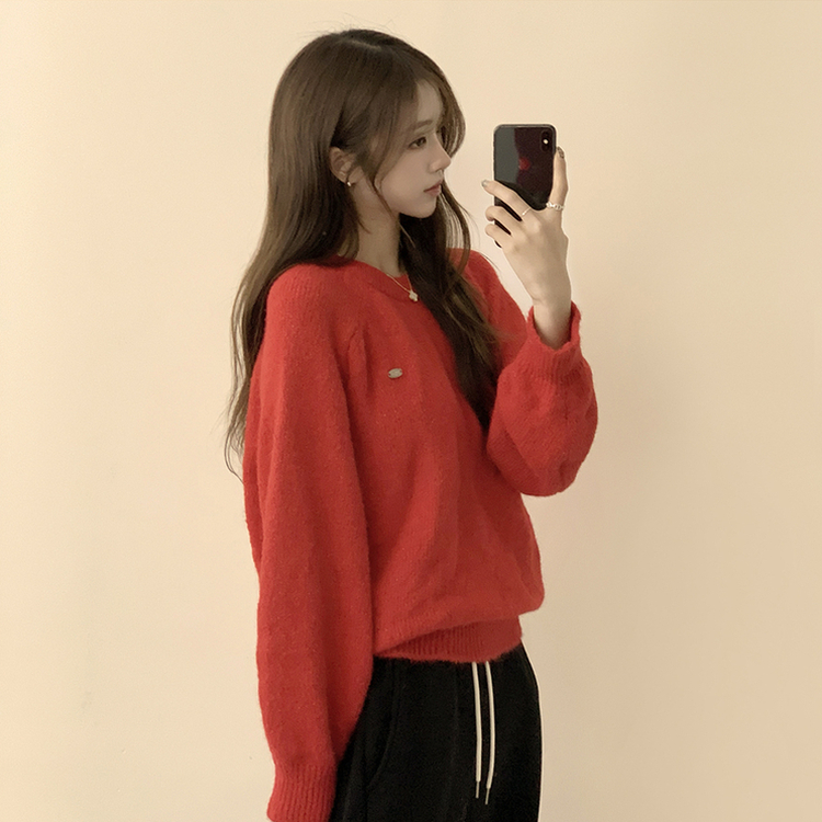 여리함 보장하는 글로리 나그랑 겨울 라운드 와펜 긴팔 니트 레드