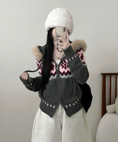 실론눈꽃노르딕패턴루즈핏후드퍼니트집업 차콜