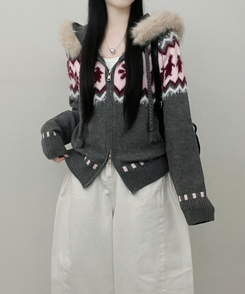 실론눈꽃노르딕패턴루즈핏후드퍼니트집업 차콜