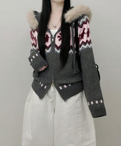 실론눈꽃노르딕패턴루즈핏후드퍼니트집업 차콜