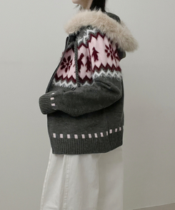 실론눈꽃노르딕패턴루즈핏후드퍼니트집업 차콜