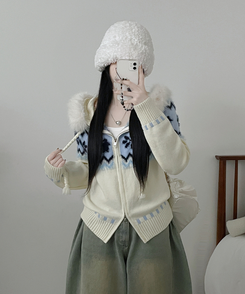 실론눈꽃노르딕패턴루즈핏후드퍼니트집업 아이보리