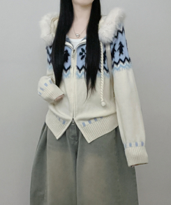 실론눈꽃노르딕패턴루즈핏후드퍼니트집업 아이보리