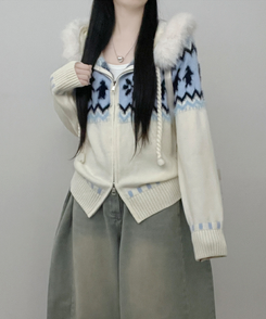 실론눈꽃노르딕패턴루즈핏후드퍼니트집업 아이보리