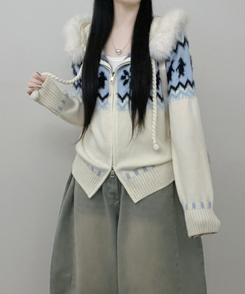 실론눈꽃노르딕패턴루즈핏후드퍼니트집업 아이보리