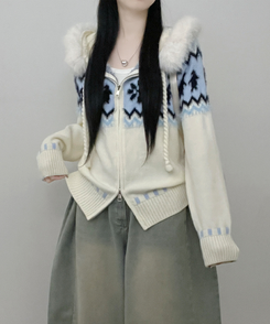 실론눈꽃노르딕패턴루즈핏후드퍼니트집업 아이보리