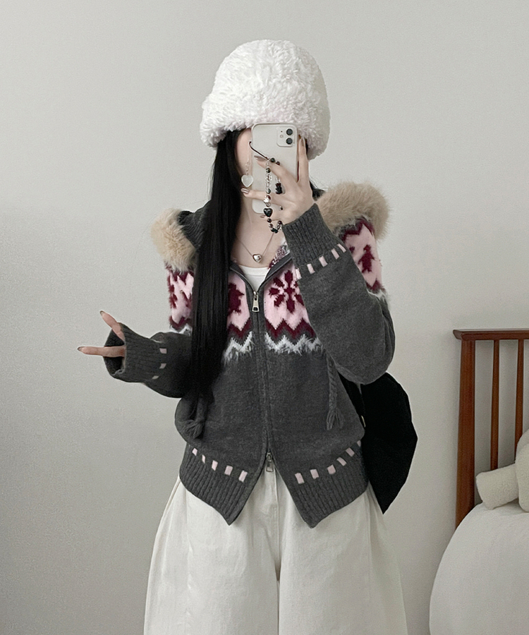 실론눈꽃노르딕패턴루즈핏후드퍼니트집업 차콜