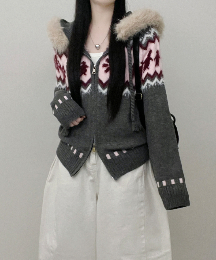 실론눈꽃노르딕패턴루즈핏후드퍼니트집업 차콜