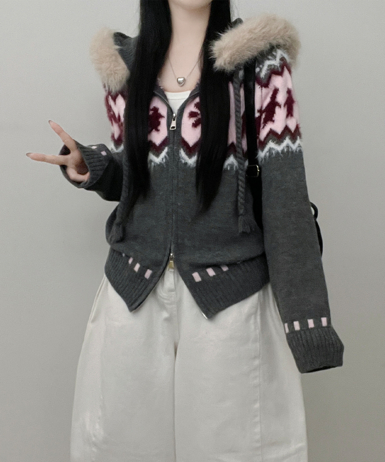 실론눈꽃노르딕패턴루즈핏후드퍼니트집업 차콜