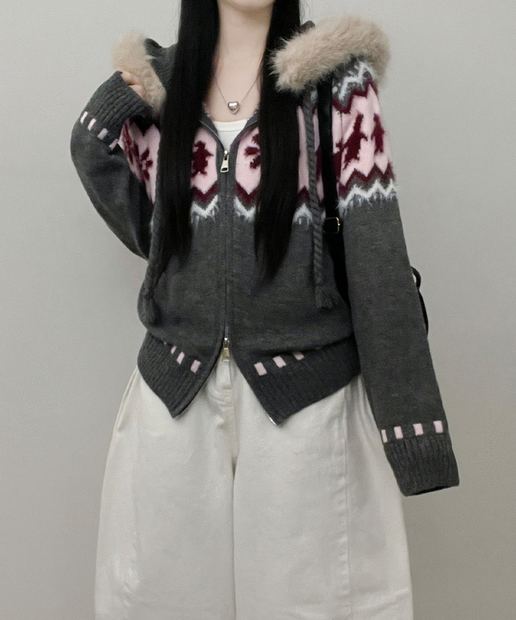 실론눈꽃노르딕패턴루즈핏후드퍼니트집업 차콜