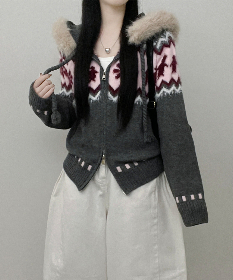 실론눈꽃노르딕패턴루즈핏후드퍼니트집업 차콜