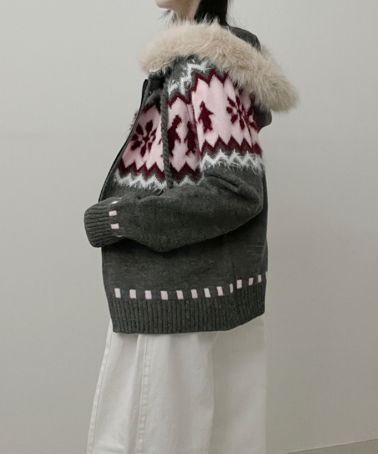 실론눈꽃노르딕패턴루즈핏후드퍼니트집업 차콜