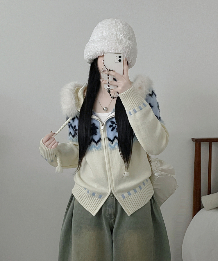 실론눈꽃노르딕패턴루즈핏후드퍼니트집업 아이보리