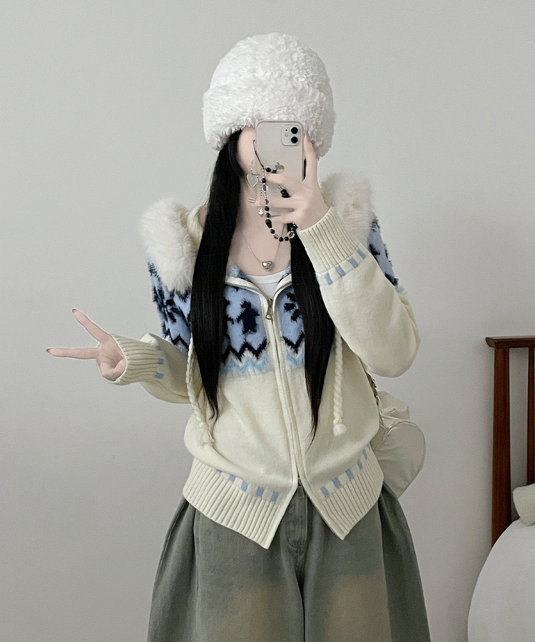 실론눈꽃노르딕패턴루즈핏후드퍼니트집업 아이보리