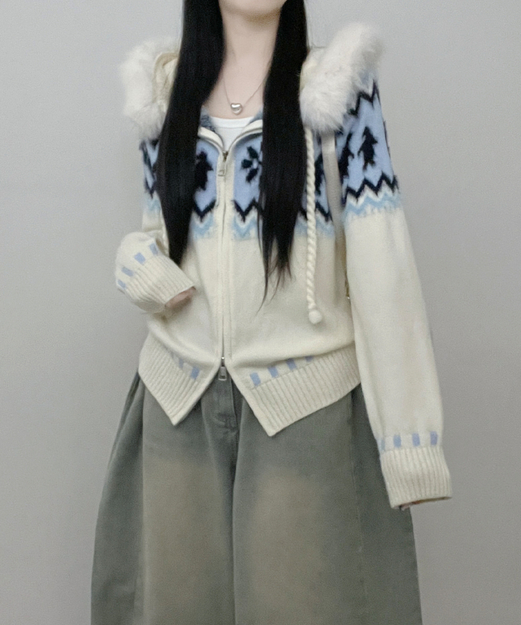 실론눈꽃노르딕패턴루즈핏후드퍼니트집업 아이보리