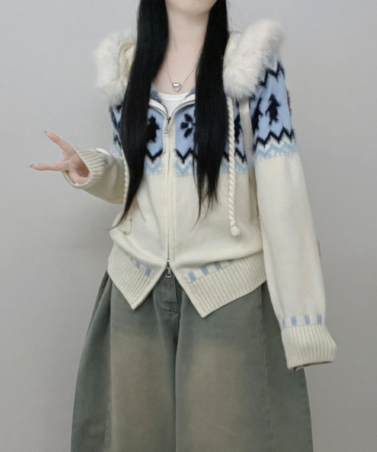 실론눈꽃노르딕패턴루즈핏후드퍼니트집업 아이보리