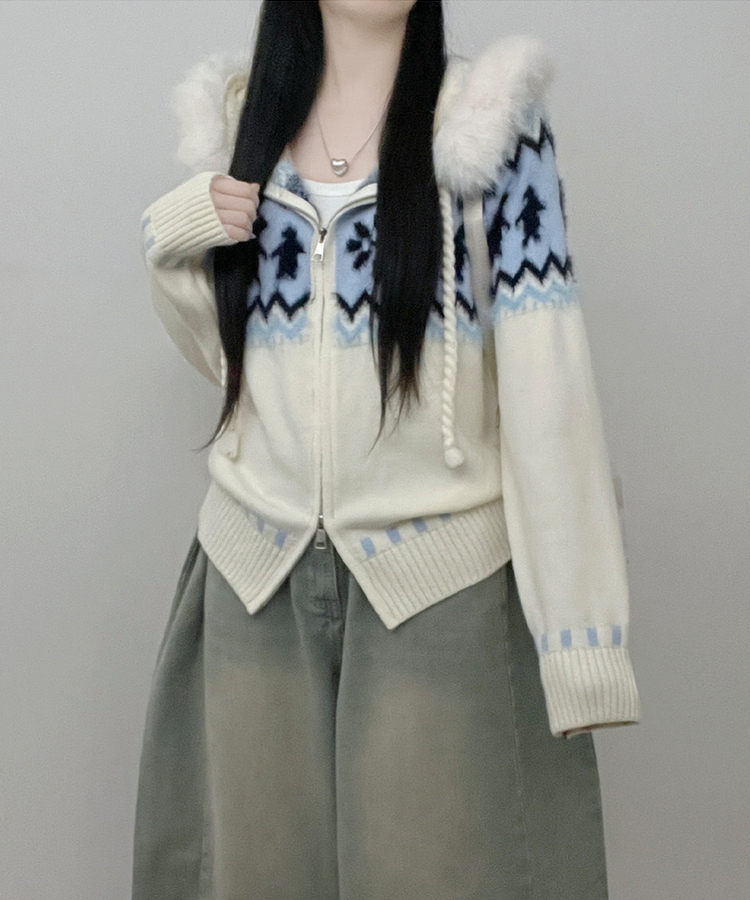 실론눈꽃노르딕패턴루즈핏후드퍼니트집업 아이보리