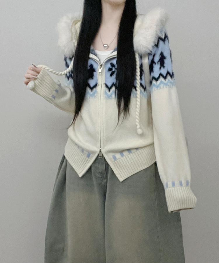 실론눈꽃노르딕패턴루즈핏후드퍼니트집업 아이보리