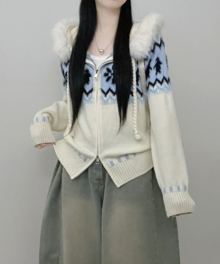 실론눈꽃노르딕패턴루즈핏후드퍼니트집업 아이보리