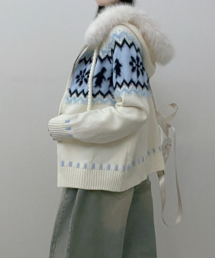 실론눈꽃노르딕패턴루즈핏후드퍼니트집업 아이보리