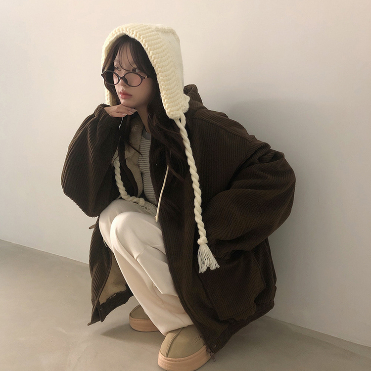 ルーズコーデュロイフードジャケットジャンパー BROWN