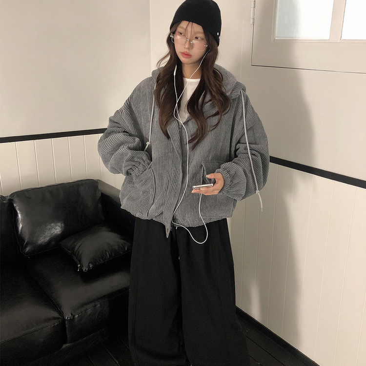 ルーズコーデュロイフードジャケットジャンパー GREY