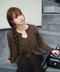 【SET】ドットキャミソール＋フリルニットカーディガン CHESTNUT BROWN