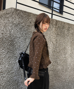【SET】ドットキャミソール＋フリルニットカーディガン CHESTNUT BROWN
