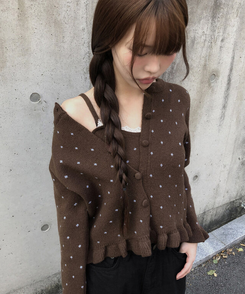 【SET】ドットキャミソール＋フリルニットカーディガン CHESTNUT BROWN