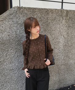 【SET】ドットキャミソール＋フリルニットカーディガン CHESTNUT BROWN