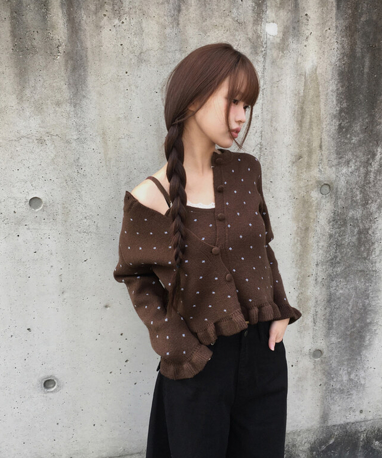 【SET】ドットキャミソール＋フリルニットカーディガン CHESTNUT BROWN