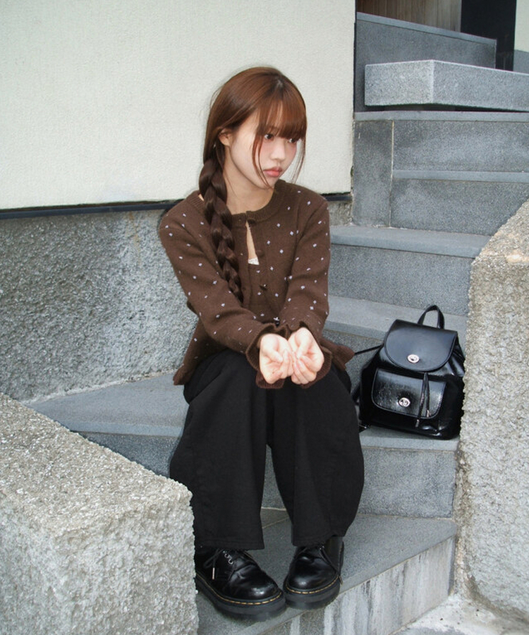 【SET】ドットキャミソール＋フリルニットカーディガン CHESTNUT BROWN