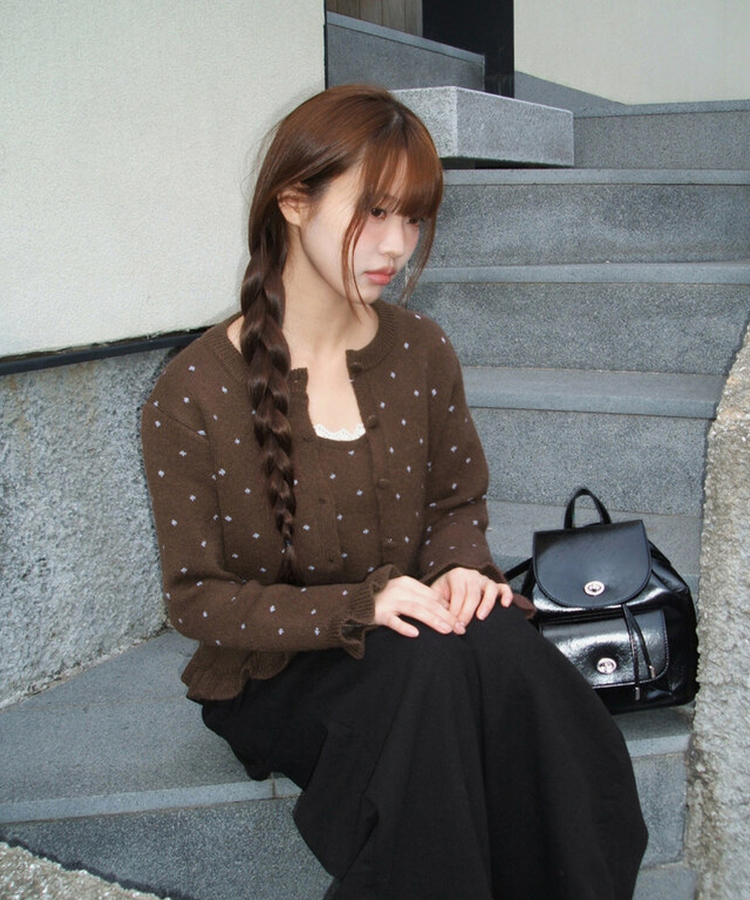 【SET】ドットキャミソール＋フリルニットカーディガン CHESTNUT BROWN