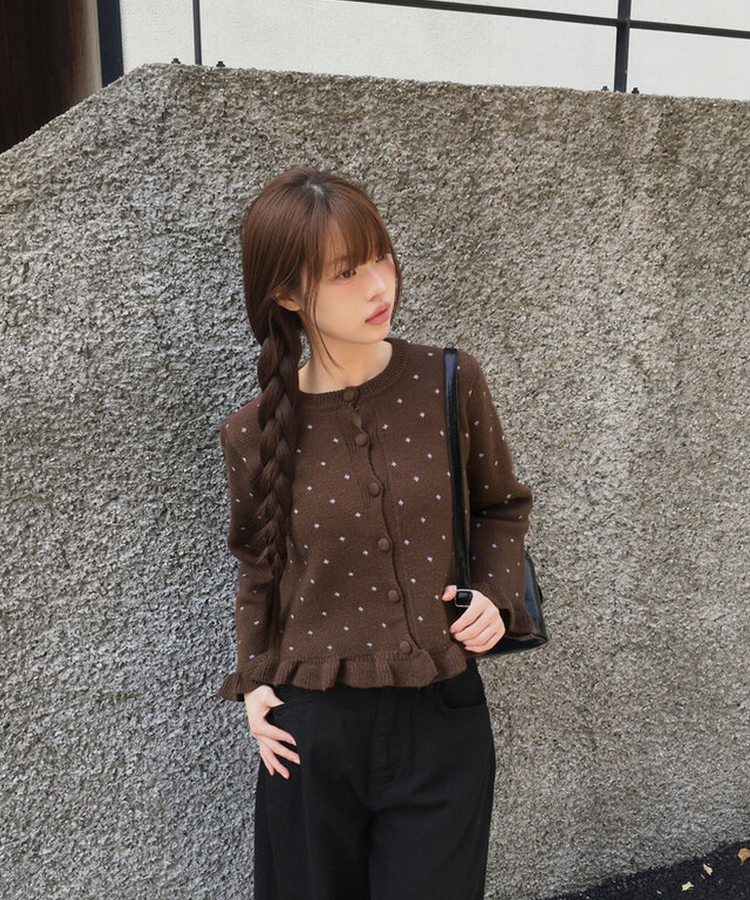 【SET】ドットキャミソール＋フリルニットカーディガン CHESTNUT BROWN