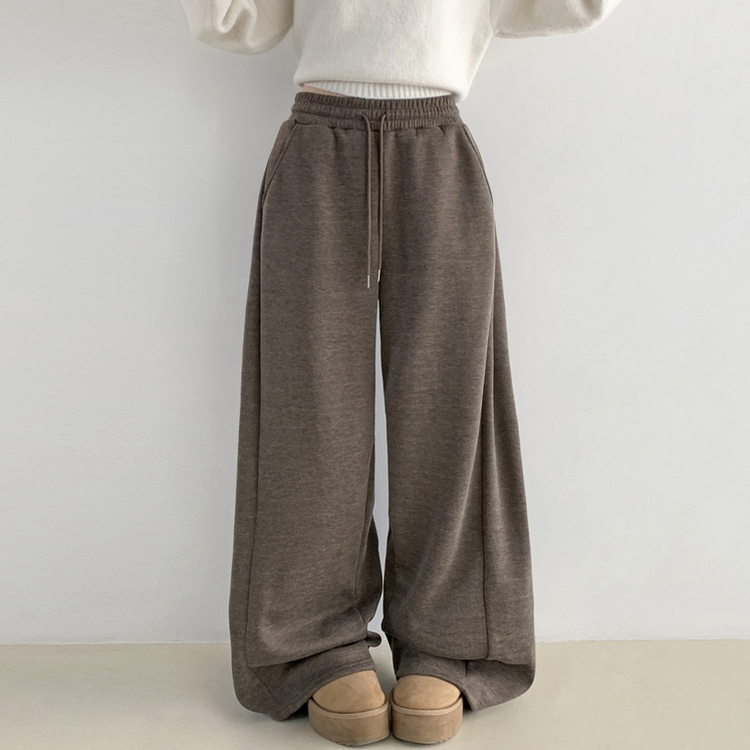 히버 니트 사이드 핀턱 와이드 기모 밴딩 트레이닝 팬츠 브라운