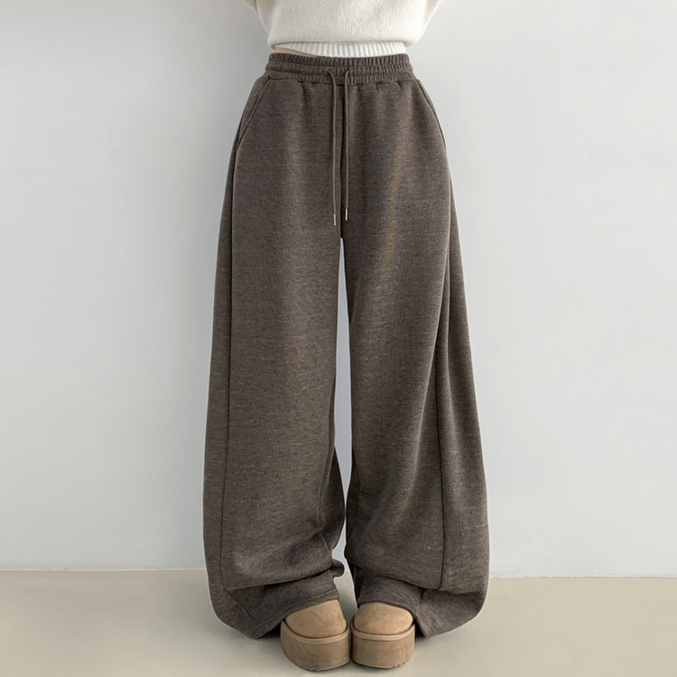 히버 니트 사이드 핀턱 와이드 기모 밴딩 트레이닝 팬츠 브라운