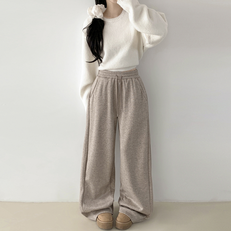 히버 니트 사이드 핀턱 와이드 기모 밴딩 트레이닝 팬츠 베이지