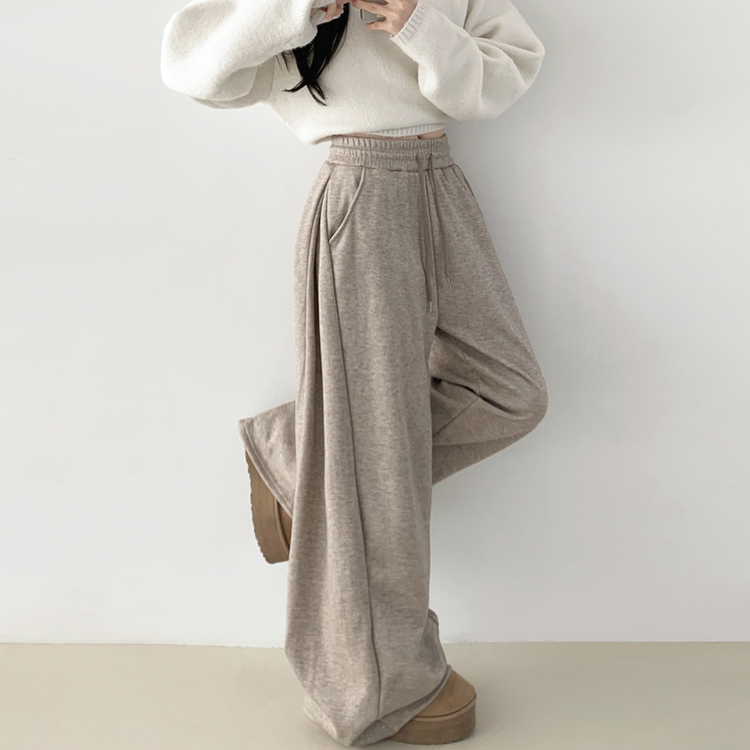 히버 니트 사이드 핀턱 와이드 기모 밴딩 트레이닝 팬츠 베이지