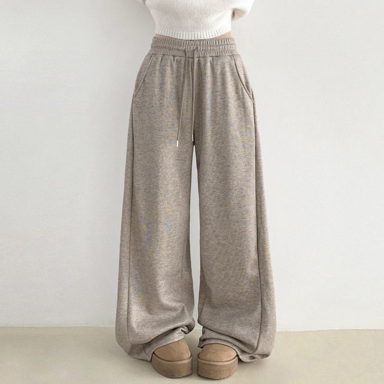 히버 니트 사이드 핀턱 와이드 기모 밴딩 트레이닝 팬츠 베이지