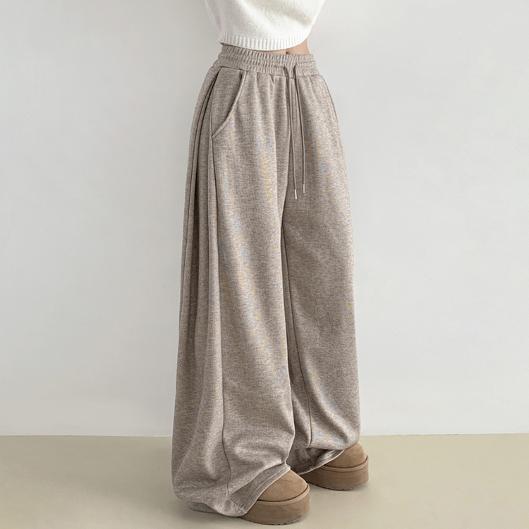 히버 니트 사이드 핀턱 와이드 기모 밴딩 트레이닝 팬츠 베이지