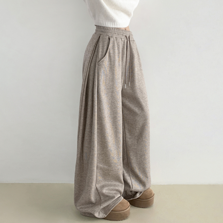 히버 니트 사이드 핀턱 와이드 기모 밴딩 트레이닝 팬츠 베이지