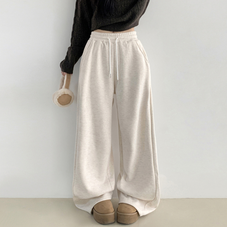 히버 니트 사이드 핀턱 와이드 기모 밴딩 트레이닝 팬츠 아이보리