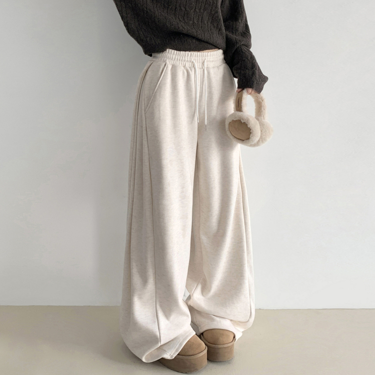 히버 니트 사이드 핀턱 와이드 기모 밴딩 트레이닝 팬츠 아이보리