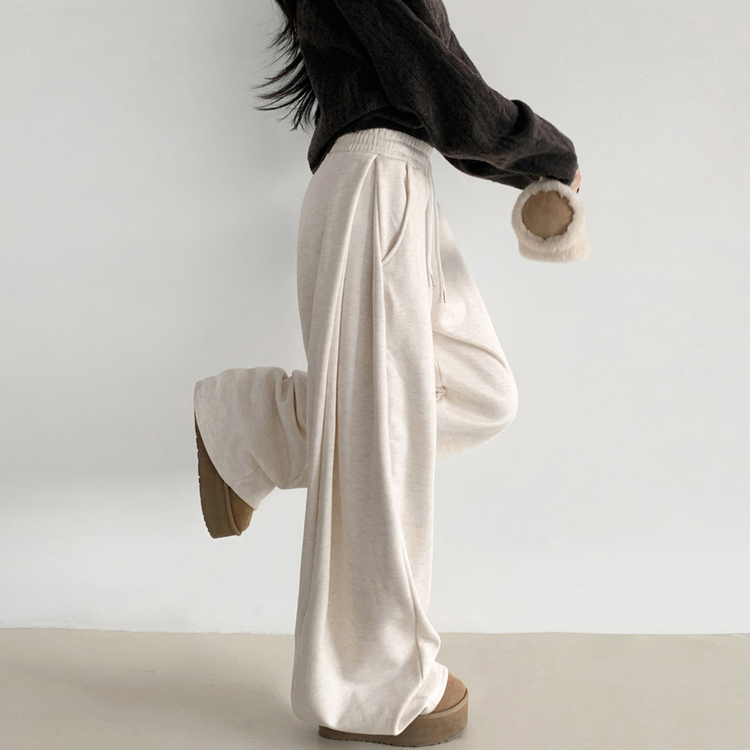 히버 니트 사이드 핀턱 와이드 기모 밴딩 트레이닝 팬츠 아이보리